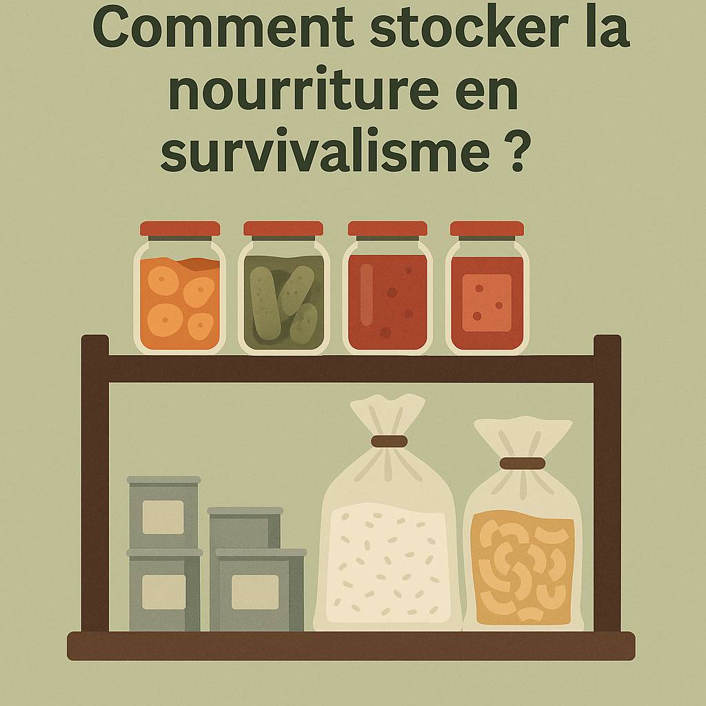 Stockage de nourriture survivaliste avec conserves, bocaux et sacs de riz